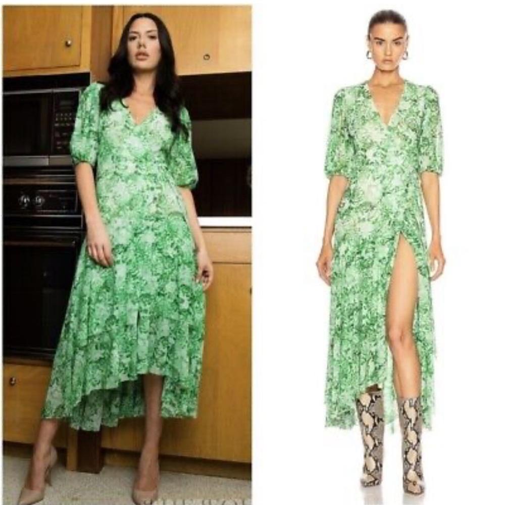 Ganni green floral wrap dress